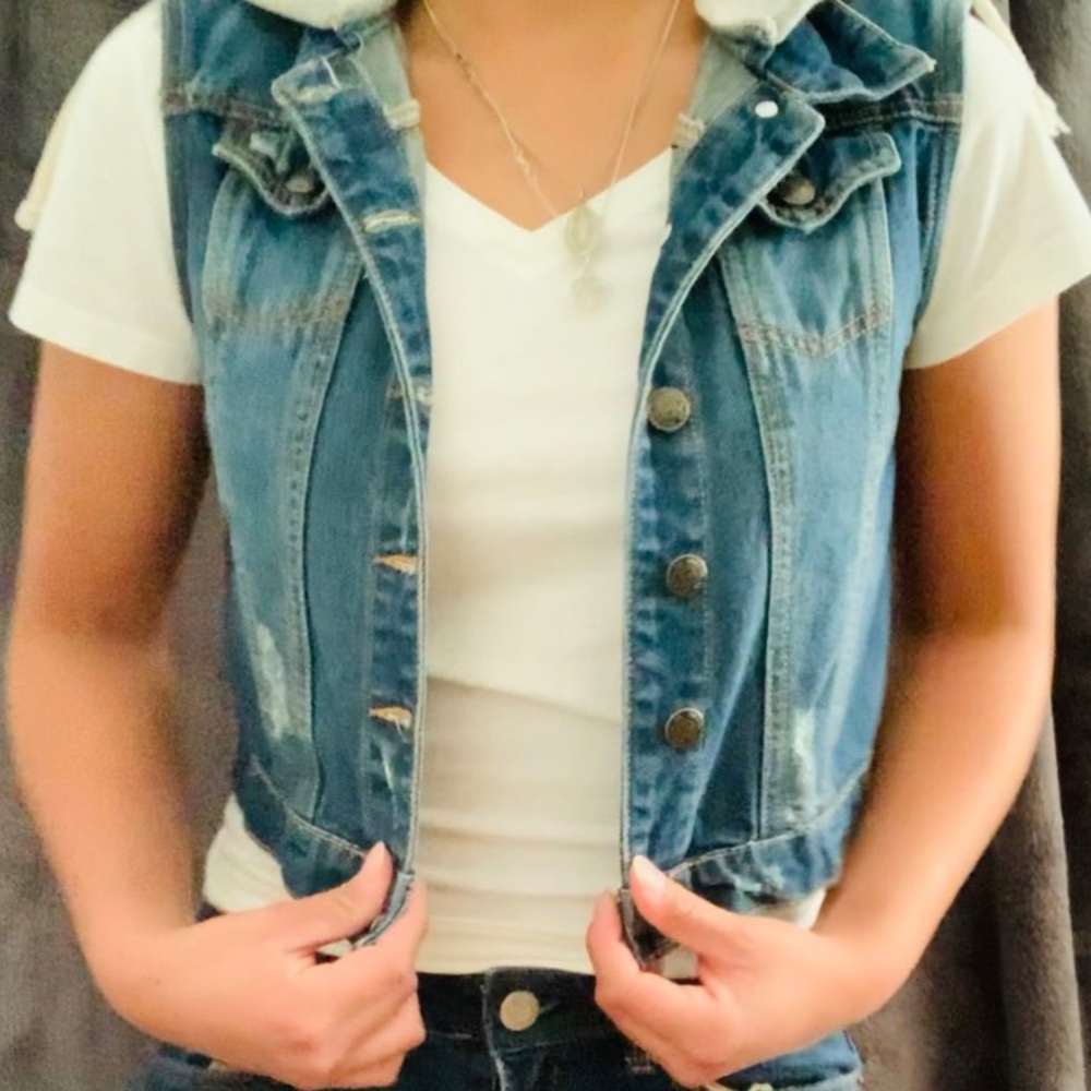 Distressed Jean Vest with Hoodie